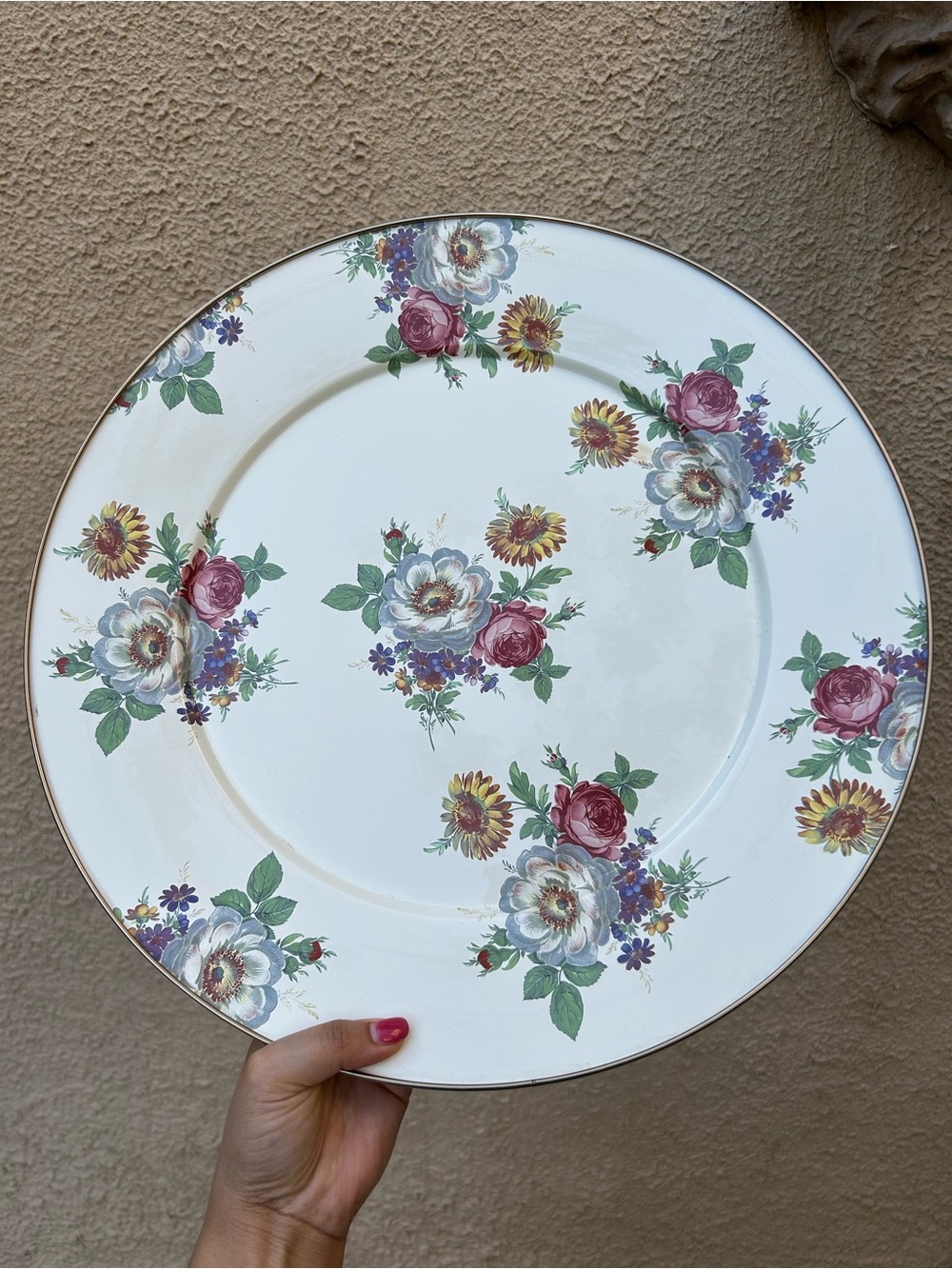 MacKenzie-Childs 1995 Camp Yellow Roses Floral Enamel Lge 16" Round Tray Platter